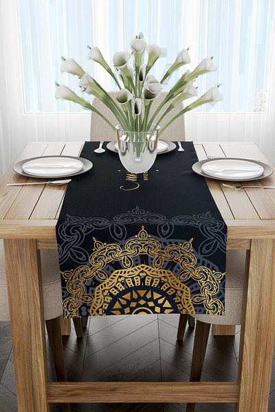 Cango Home Navy Blue Ramadan Themed Decorative Patterned Digital Printed Runner Cgh1299-rn