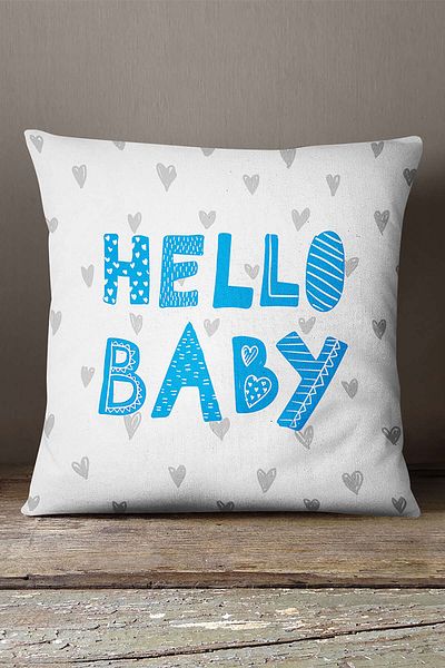 INSENSE HOME Velvet Babyface, alb, albastru, Hello Baby, cu imprimare digitală, husă de pernă - Cgh434