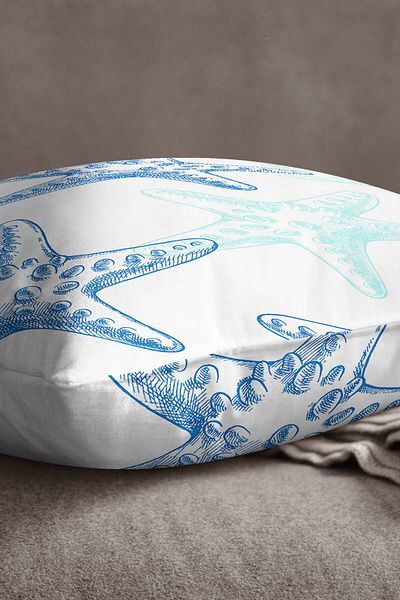 INSENSE HOME Husă de pernă din catifea Babyface, albastru, alb, cu tematică marină, cu model de stele de mare, imprimată digitală Cgh631