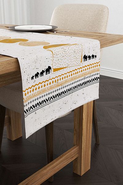 Cango Home Yellow Cream Bohemian Style Elephant Patterned Digital Printed Runner Cgh938-rn