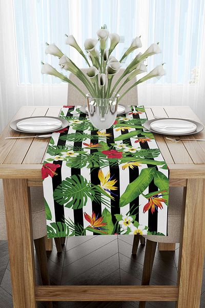 Cango Home Runner cu imprimare digitală cu model de flori tropicale, verde, roșu - Otyk499-rn