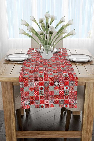 Cango Home Red Gray Ramadan Themed Decorative Patterned Digital Printed Runner Cgh1333-rn