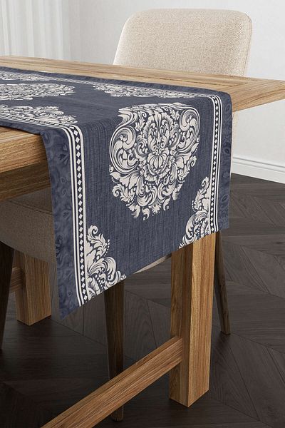 Cango Home Albastru Alb Decorativ Damasc Model Digital Printed Runner Cgh1053-rn