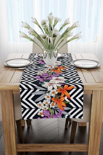 Cango Home Ασπρόμαυρο Floral Ζιγκ-ζαγκ μοτίβο ψηφιακής εκτύπωσης Runner - Otyk524-rn