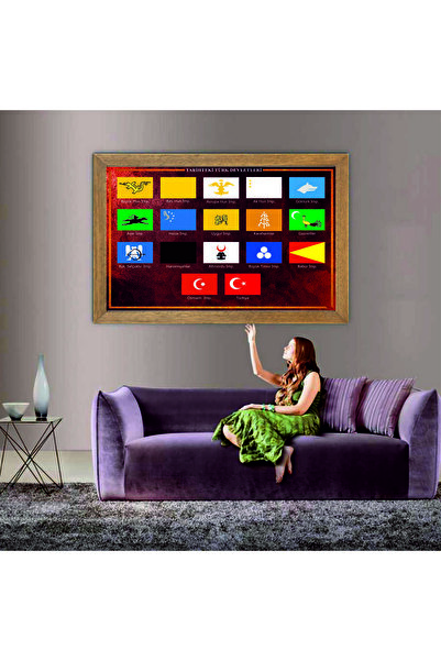 Lioncraft 17 Büyük Türk Devletleri Bayrağı Tablo, Çerçeveli Cam Tablo 30x45 cm