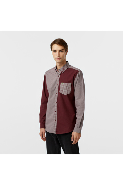 Lacoste Erkek Relaxed Fit Düğmeli Yaka Ekose Bordo Gömlek