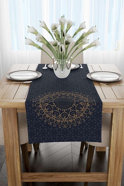 Cango Home Navy Blue Ramadan Themed Motif Patterned Digital Printed Runner Cgh1288-rn