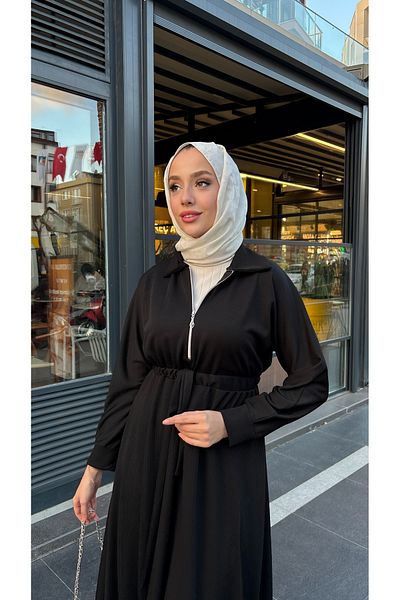 Tesettür Diyarı Φόρεμα Hijab με ριμπ πλεκτό ύφασμα με φερμουάρ-Μαύρο