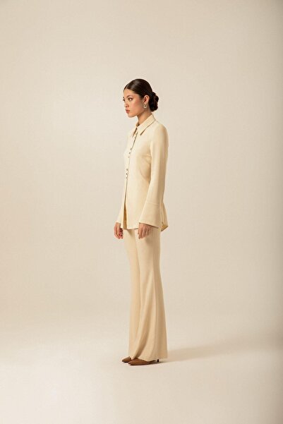 rue Düğme Aksesuarlı Ekru Uzun Gömlek