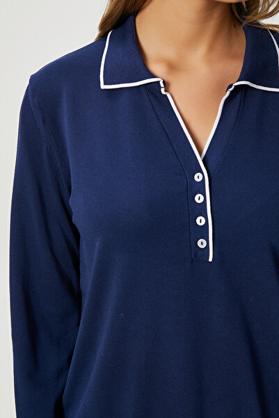 Ritnice Γυναικείο πλεκτό πουλόβερ Elite Viscose Polo με ριγέ μπλε ναυτικό λευκό