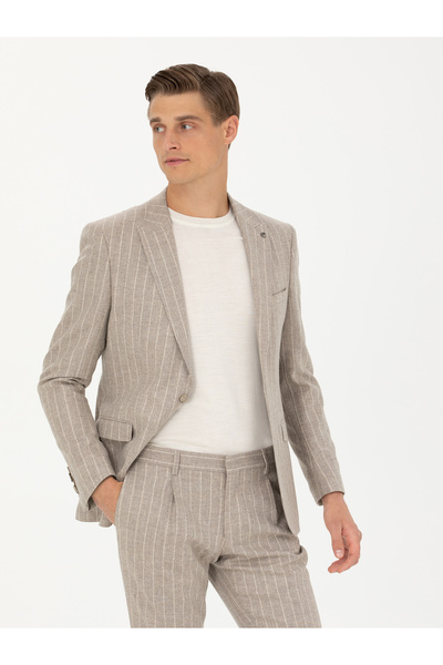 Cacharel Bej Slim Fit Yün Kaşmir Karışımlı Çizgili Klasik Ceket 50272614-VR011