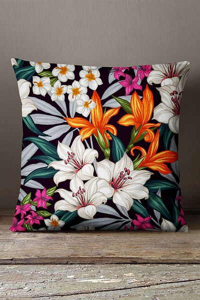 INSENSE HOME Velvet Babyface Alb Portocaliu Tropical Floral Aruncă Față de Pernă - Cgh055