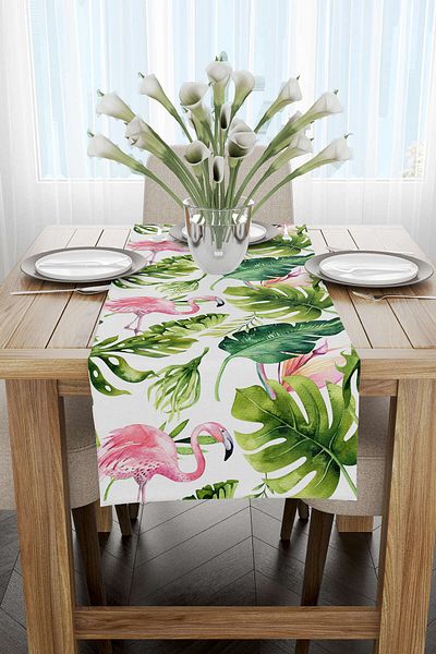 Cango Home Pink Green Tropical Flamingo Patterned Digital Printed Runner - Otyk487-rn