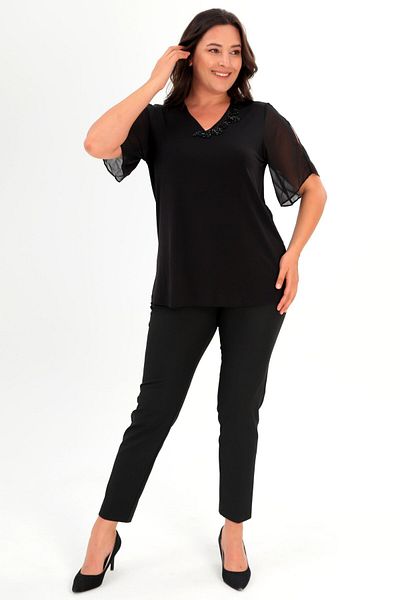SERTUĞ Trend42Plus Plus Size Collar Stone Striped Black Blouse