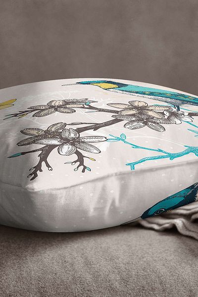 INSENSE HOME Husă de pernă din catifea Babyface, albastru, galben, pasăre, cu model de flori - Cgh138