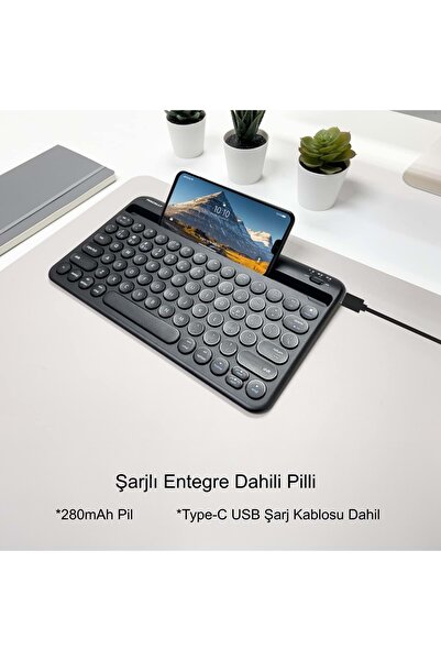 Triline 78 Yuvarlak Tuşlu İngilizce Bluetooth Tablet Telefon Klavyesi Şarjlı Mini Boy 29x16cm