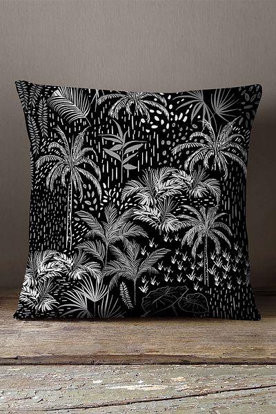 INSENSE HOME Husă de pernă catifea Babyface, albă, neagră, cu palmieri tropicali - Cgh038
