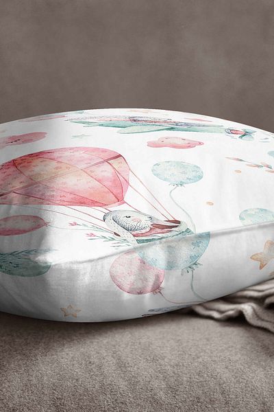 INSENSE HOME Husă de pernă pentru copii din catifea Babyface, roz turcoaz, cu model de balon, elicopter - Cgh014
