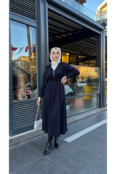 Tesettür Diyarı Φόρεμα Hijab με ριμπ πλεκτό ύφασμα με φερμουάρ-Μπλε