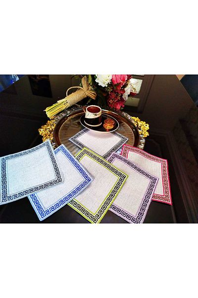 KESKİN NAKIŞ Colorful Embroidery Embroidered Glitter Fabric 6 Pieces Square Coffee Presentation Napkin