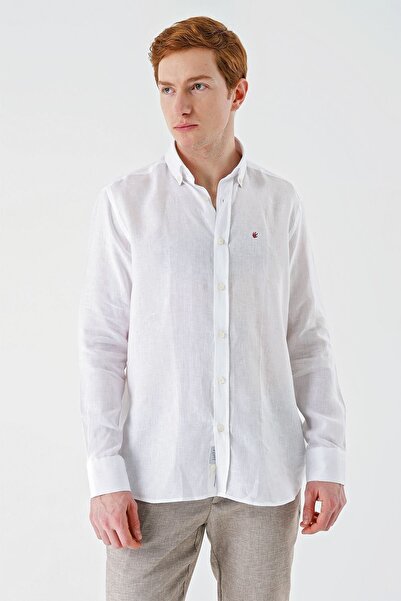 İmza Λευκό μακρυμάνικο χωρίς τσέπη 100% λινό Classic Comfort Fit πουκάμισο με χαλαρή εφαρμογή 1004240186