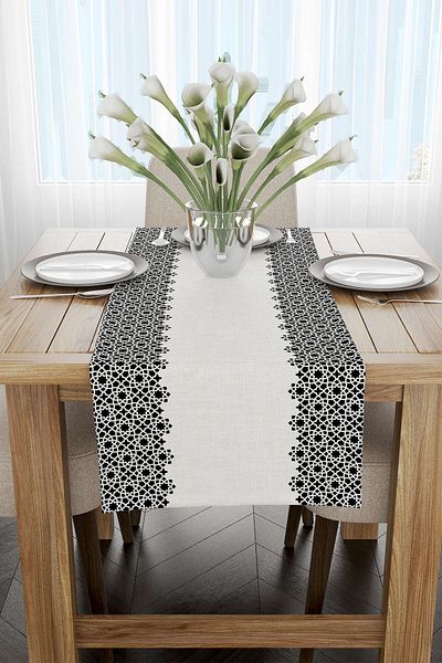 Cango Home Black Cream Ramadan Themed Decorative Patterned Digital Printed Runner Cgh1319-rn