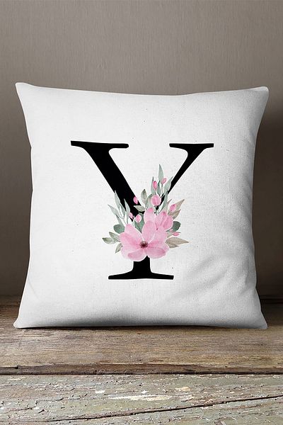 INSENSE HOME Husă de pernă din catifea Babyface, cu două fețe, cu litere florale roz - litera Y