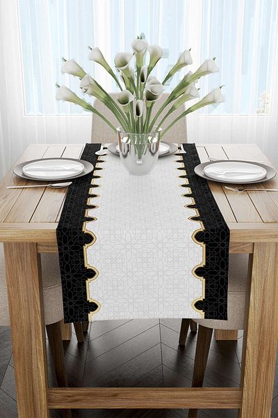 Cango Home Black and White Ramadan Themed Decorative Patterned Digital Printed Runner Cgh1310-rn