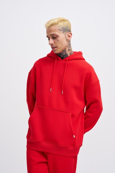 Machinist Erkek Basic Kapüşonlu Oversize Kırmızı Sweatshirt