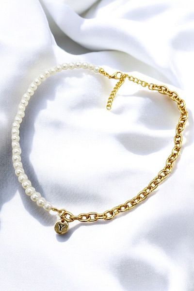 PETEK AKSESUAR Y Pearl Chain Letter Style Necklace