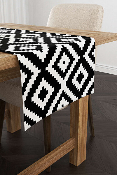 Cango Home Siyah Beyaz Geometrik Baklava Desenli Dijital Baskılı Runner - Otyk555-rn
