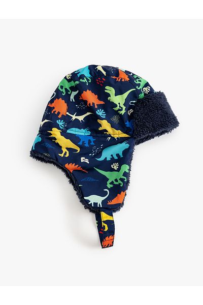 Koton Dinosaur Snow Hat with Faux Fur Inside Earflaps and Chin Lacing Detail