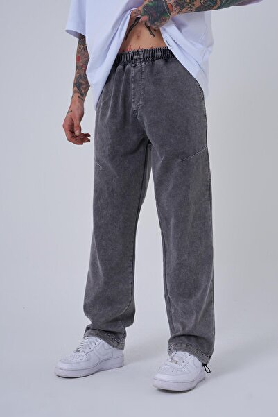 Machinist Pantaloni largi din denim cu elastic în talie pentru bărbați, GRI