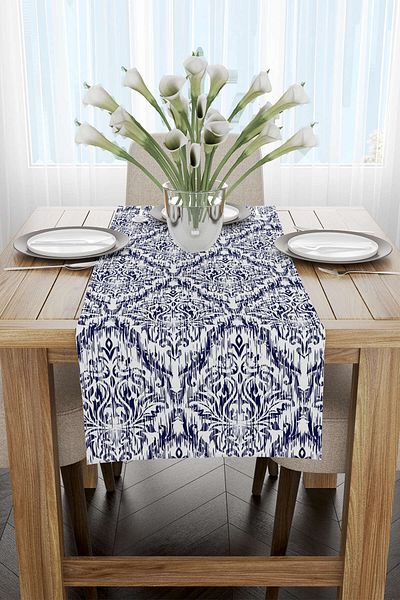 Cango Home Μπλε Navy White Damask Runner με μοτίβο - Cgh089-rn
