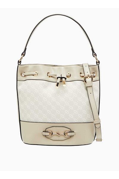 Celeste Monogram Print Bucket Bag with Drawstring Closure