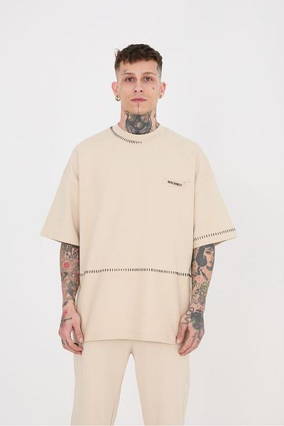 Machinist Ανδρικό μπλουζάκι Blanket Stitch Oversize ανοιχτό μπεζ