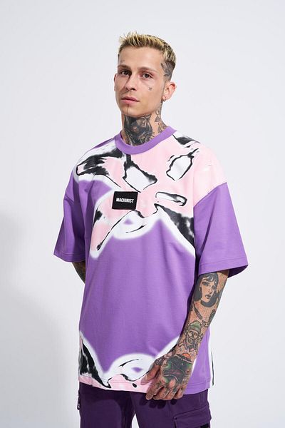 Machinist Tricou violet supradimensionat cu imprimeu flori de lotus pentru bărbați