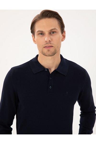 Pierre Cardin Navy Blue Slim Fit Polo Neck Basic Knitwear Sweater 50296584-Vr033