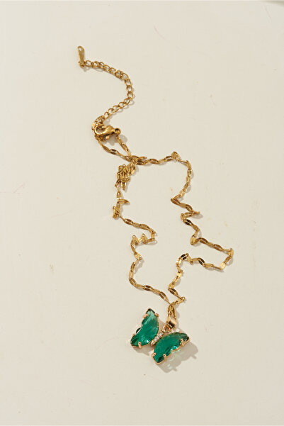 Rabia Çelik Women's Gold Green Butterfly End Tarnish Stainless Steel Necklace