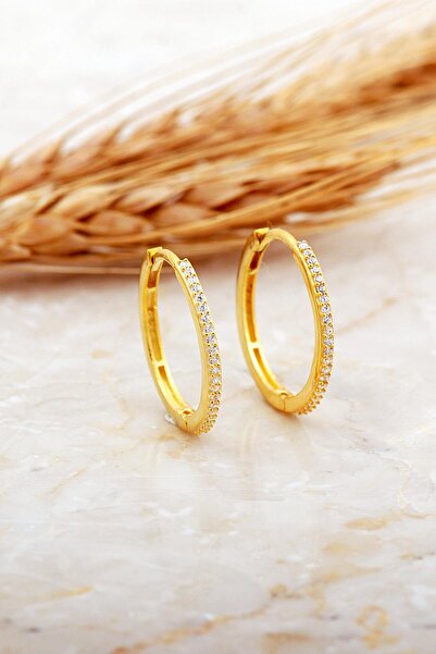 Sümer Telkari 22 Mm Taşlı Altın Kaplama Gümüş Halka Küpe 7137