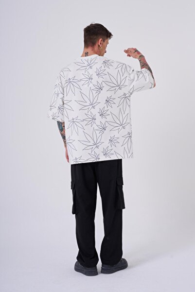Machinist Чоловіча футболка оверсайз з принтом листя конопель, екрю