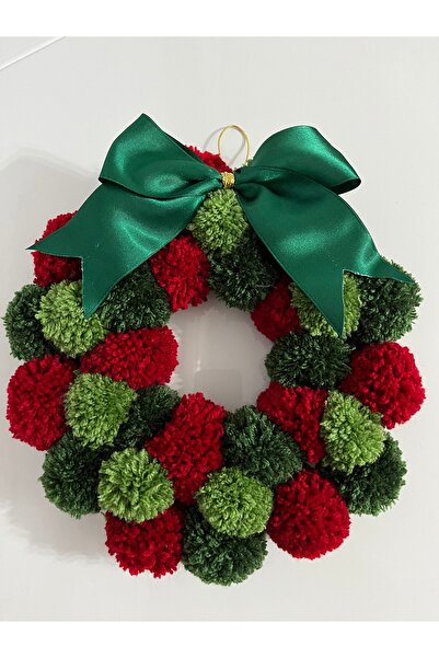 Chuva Kapı Süsü Ponponlu Yılbaşı Temalı Yeşil Kurdeleli 30cm*30 Cm