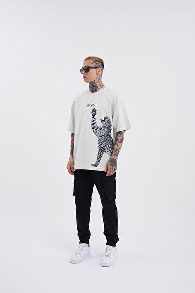 Machinist Men's Leopard Printed Oversize Gray T-Shirt