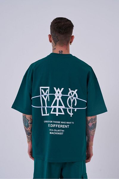 Machinist Ανδρικό μπλουζάκι με φερμουάρ με στάμπα Oversize Petrol Green