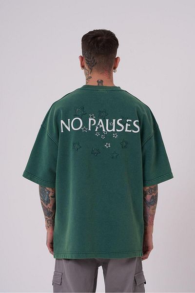 Machinist Men's No Pouses Printed Oversize Petrol Green T-Shirt