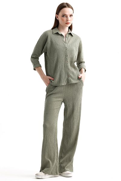 MD trend Women's Elastic Waist Palazzo Pants and Fakir Sleeve Shirt Double Set