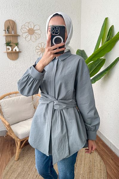 Salih Çelebi 2190 Model - Gray Fixed Belted Tunic