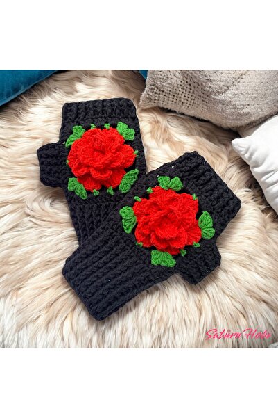 Satürn Hobi Örgü Gül Motifli Parmaksız Eldiven