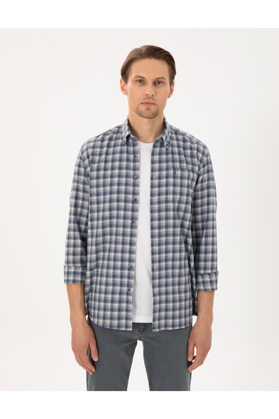 Pierre Cardin Mavi Regular Fit Kareli Uzun Kollu Gömlek 50291987-VR036