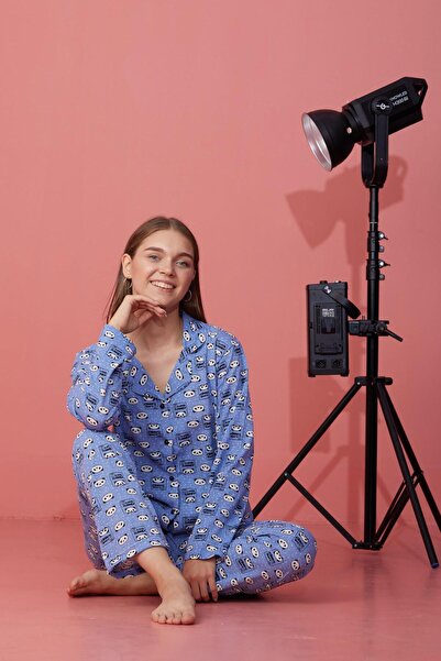 Genel Markalar Panda Desenli Düğmeli Mavi Pijama Takımı